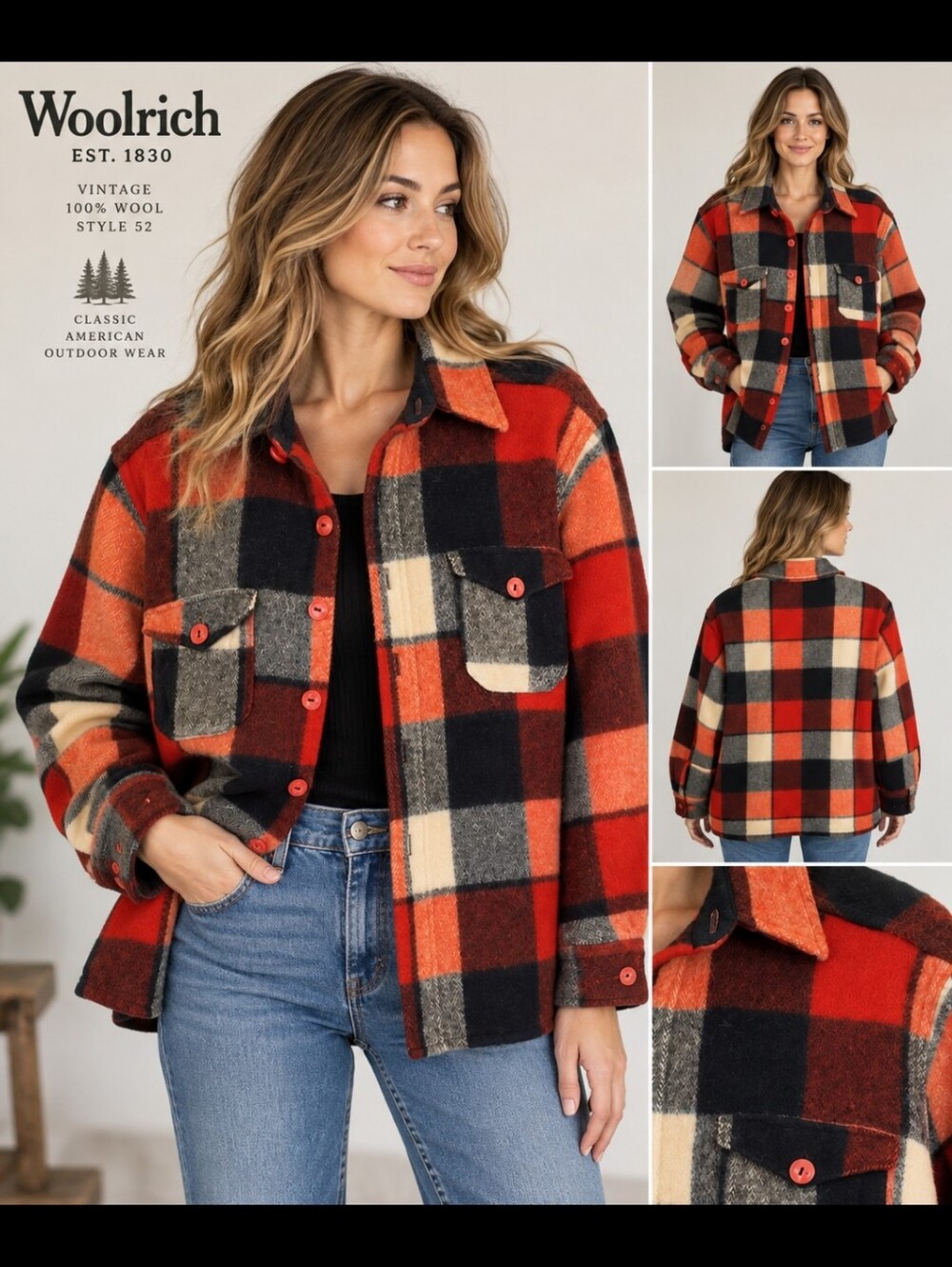 Vintage 1960s Woolrich Style 52 100% Wool Plaid Patchwork Jacket 25" Pit to Pit